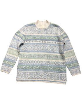 Vintage Koret Mock Neck Sweater Pastel Nordic Fair Isle Pattern Medium